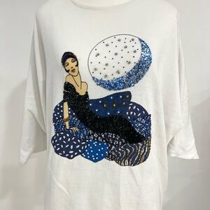 Eminent Brand Bat sleeves White Sequins Graphic Art Design Size Large